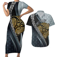 Brittany Triskele Celtic Couples Matching Short Sleeve Bodycon Dress and Hawaiian Shirt Silver and Gold Sporty Style - Wonder Print Shop