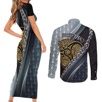 Brittany Triskele Celtic Couples Matching Short Sleeve Bodycon Dress and Long Sleeve Button Shirt Silver and Gold Sporty Style - Wonder Print Shop