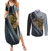 Brittany Triskele Celtic Couples Matching Summer Maxi Dress and Long Sleeve Button Shirt Silver and Gold Sporty Style - Wonder Print Shop
