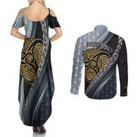 Brittany Triskele Celtic Couples Matching Summer Maxi Dress and Long Sleeve Button Shirt Silver and Gold Sporty Style - Wonder Print Shop