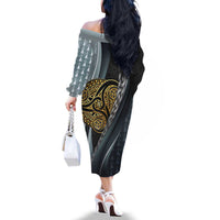 Brittany Triskele Celtic Family Matching Off The Shoulder Long Sleeve Dress and Hawaiian Shirt Silver and Gold Sporty Style - Wonder Print Shop