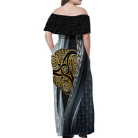Brittany Triskele Celtic Family Matching Off Shoulder Maxi Dress and Hawaiian Shirt Silver and Gold Sporty Style - Wonder Print Shop