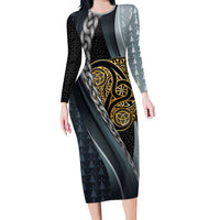 Brittany Triskele Celtic Long Sleeve Bodycon Dress Silver and Gold Sporty Style - Wonder Print Shop