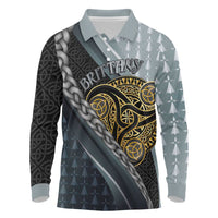 Brittany Triskele Celtic Long Sleeve Polo Shirt Silver and Gold Sporty Style - Wonder Print Shop