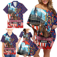 Kentucky Horses Racing 2025 Family Matching Off Shoulder Short Dress and Hawaiian Shirt Anniversary 151st The Race for the Roses