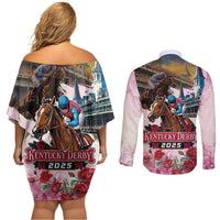 Kentucky Horses Racing 2025 Couples Matching Off Shoulder Short Dress and Long Sleeve Button Shirt Churchill Downs The Race for the Roses
