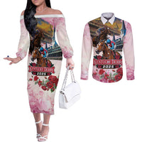 Kentucky Horses Racing 2025 Couples Matching Off The Shoulder Long Sleeve Dress and Long Sleeve Button Shirt Churchill Downs The Race for the Roses