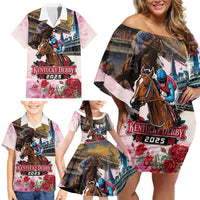 Kentucky Horses Racing 2025 Family Matching Off Shoulder Short Dress and Hawaiian Shirt Churchill Downs The Race for the Roses