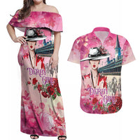 Kentucky Horses Racing Couples Matching Off Shoulder Maxi Dress and Hawaiian Shirt Churchill Downs Derby Girl Watercolor Style