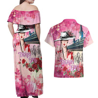 Kentucky Horses Racing Couples Matching Off Shoulder Maxi Dress and Hawaiian Shirt Churchill Downs Derby Girl Watercolor Style