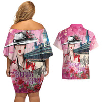 Kentucky Horses Racing Couples Matching Off Shoulder Short Dress and Hawaiian Shirt Churchill Downs Derby Girl Watercolor Style