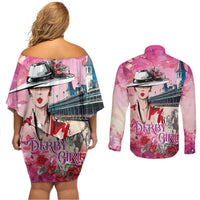 Kentucky Horses Racing Couples Matching Off Shoulder Short Dress and Long Sleeve Button Shirt Churchill Downs Derby Girl Watercolor Style