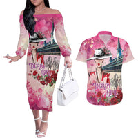 Kentucky Horses Racing Couples Matching Off The Shoulder Long Sleeve Dress and Hawaiian Shirt Churchill Downs Derby Girl Watercolor Style