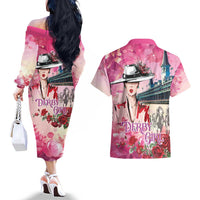 Kentucky Horses Racing Couples Matching Off The Shoulder Long Sleeve Dress and Hawaiian Shirt Churchill Downs Derby Girl Watercolor Style