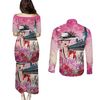 Kentucky Horses Racing Couples Matching Puletasi and Long Sleeve Button Shirt Churchill Downs Derby Girl Watercolor Style