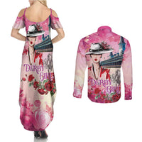 Kentucky Horses Racing Couples Matching Summer Maxi Dress and Long Sleeve Button Shirt Churchill Downs Derby Girl Watercolor Style