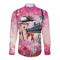 Kentucky Horses Racing Long Sleeve Button Shirt Churchill Downs Derby Girl Watercolor Style