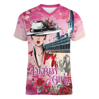 Kentucky Horses Racing Women V-Neck T-Shirt Churchill Downs Derby Girl Watercolor Style