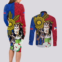 Philippines Lapu-Lapu Couples Matching Long Sleeve Bodycon Dress and Long Sleeve Button Shirt Filipino Sun Tattoo With Yakan Pattern - Wonder Print Shop