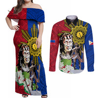 Philippines Lapu-Lapu Couples Matching Off Shoulder Maxi Dress and Long Sleeve Button Shirt Filipino Sun Tattoo With Yakan Pattern - Wonder Print Shop