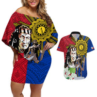 Philippines Lapu-Lapu Couples Matching Off Shoulder Short Dress and Hawaiian Shirt Filipino Sun Tattoo With Yakan Pattern - Wonder Print Shop