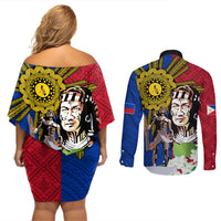 Philippines Lapu-Lapu Couples Matching Off Shoulder Short Dress and Long Sleeve Button Shirt Filipino Sun Tattoo With Yakan Pattern - Wonder Print Shop
