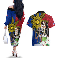 Philippines Lapu-Lapu Couples Matching Off The Shoulder Long Sleeve Dress and Hawaiian Shirt Filipino Sun Tattoo With Yakan Pattern - Wonder Print Shop
