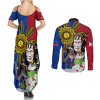 Philippines Lapu-Lapu Couples Matching Summer Maxi Dress and Long Sleeve Button Shirt Filipino Sun Tattoo With Yakan Pattern - Wonder Print Shop