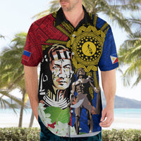 Red, blue, and yellow graphic Hawaiian shirt with black collar, short sleeves