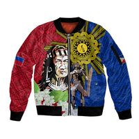Philippines Lapu-Lapu Sleeve Zip Bomber Jacket Filipino Sun Tattoo With Yakan Pattern - Wonder Print Shop