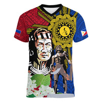 Philippines Lapu-Lapu Women V-Neck T-Shirt Filipino Sun Tattoo With Yakan Pattern - Wonder Print Shop