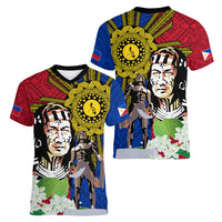 Philippines Lapu-Lapu Women V-Neck T-Shirt Filipino Sun Tattoo With Yakan Pattern - Wonder Print Shop