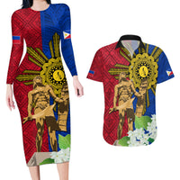 Philippines Lapu Lapu King Jasmine Flowers Couples Matching Long Sleeve Bodycon Dress and Hawaiian Shirt Filipino Sun Tattoo - Wonder Print Shop