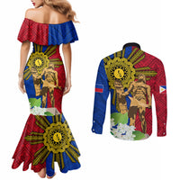 Philippines Lapu Lapu King Jasmine Flowers Couples Matching Mermaid Dress and Long Sleeve Button Shirt Filipino Sun Tattoo