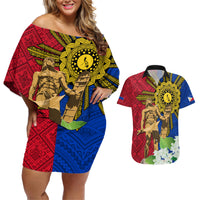 Philippines Lapu Lapu King Jasmine Flowers Couples Matching Off Shoulder Short Dress and Hawaiian Shirt Filipino Sun Tattoo - Wonder Print Shop