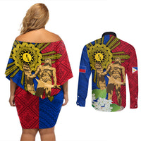 Philippines Lapu Lapu King Jasmine Flowers Couples Matching Off Shoulder Short Dress and Long Sleeve Button Shirt Filipino Sun Tattoo - Wonder Print Shop