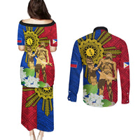 Philippines Lapu Lapu King Jasmine Flowers Couples Matching Puletasi and Long Sleeve Button Shirt Filipino Sun Tattoo - Wonder Print Shop