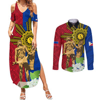 Philippines Lapu Lapu King Jasmine Flowers Couples Matching Summer Maxi Dress and Long Sleeve Button Shirt Filipino Sun Tattoo - Wonder Print Shop