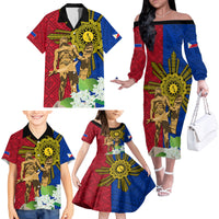 Philippines Lapu Lapu King Jasmine Flowers Family Matching Off The Shoulder Long Sleeve Dress and Hawaiian Shirt Filipino Sun Tattoo - Wonder Print Shop