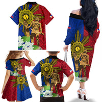 Philippines Lapu Lapu King Jasmine Flowers Family Matching Off The Shoulder Long Sleeve Dress and Hawaiian Shirt Filipino Sun Tattoo - Wonder Print Shop