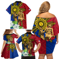 Philippines Lapu Lapu King Jasmine Flowers Family Matching Off Shoulder Short Dress and Hawaiian Shirt Filipino Sun Tattoo - Wonder Print Shop