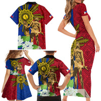 Philippines Lapu Lapu King Jasmine Flowers Family Matching Short Sleeve Bodycon Dress and Hawaiian Shirt Filipino Sun Tattoo - Wonder Print Shop