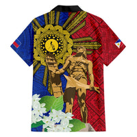 Back view red and blue Hawaiian shirt with black collar, short sleeves, sun emblem and flowers