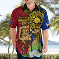 Red and blue Hawaiian shirt with black collar, short sleeves, sun emblem and white blooms
