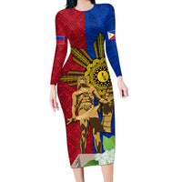 Philippines Lapu Lapu King Jasmine Flowers Long Sleeve Bodycon Dress Filipino Sun Tattoo - Wonder Print Shop