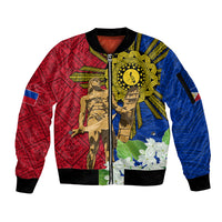 Philippines Lapu Lapu King Jasmine Flowers Sleeve Zip Bomber Jacket Filipino Sun Tattoo - Wonder Print Shop