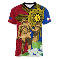 Philippines Lapu Lapu King Jasmine Flowers Women V-Neck T-Shirt Filipino Sun Tattoo - Wonder Print Shop