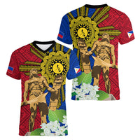 Philippines Lapu Lapu King Jasmine Flowers Women V-Neck T-Shirt Filipino Sun Tattoo - Wonder Print Shop