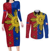 Philippines Sun Batok Tattoo Couples Matching Long Sleeve Bodycon Dress and Long Sleeve Button Shirt Polynesian and Yakan Pattern - Wonder Print Shop