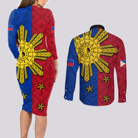 Philippines Sun Batok Tattoo Couples Matching Long Sleeve Bodycon Dress and Long Sleeve Button Shirt Polynesian and Yakan Pattern - Wonder Print Shop